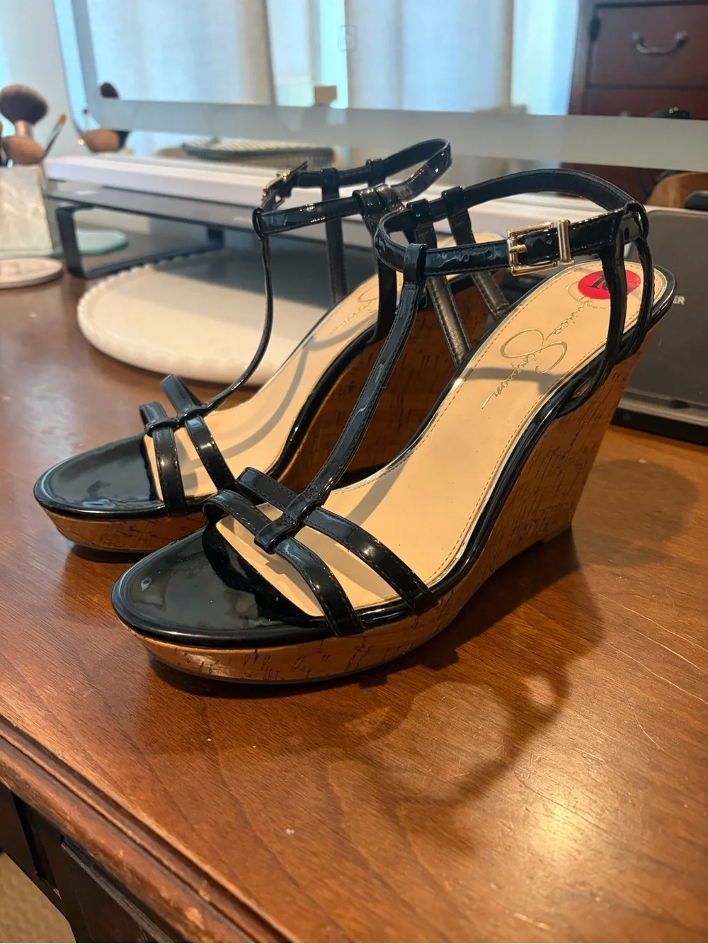 Jessica Simpson Black Patent Cork Wedge Sandals with T‑Strap
